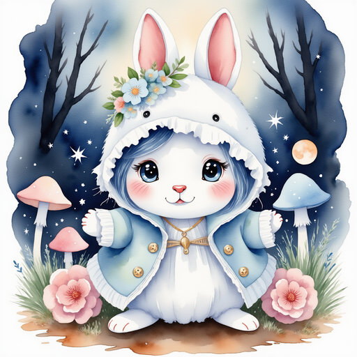 A gothic chibi Easter bunny, Nyxie, in a flowy, tattered coat with silver stitches and lace, bouncing gracefully with blue flowing hair glistening in the moonlight. In the background, thorny black trees with ghostly silver petals and glowing mushrooms create an ethereal atmosphere.