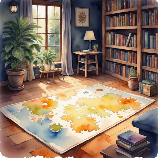 Show the glowing puzzle map on the floor. In the background there are shelves filled with books.