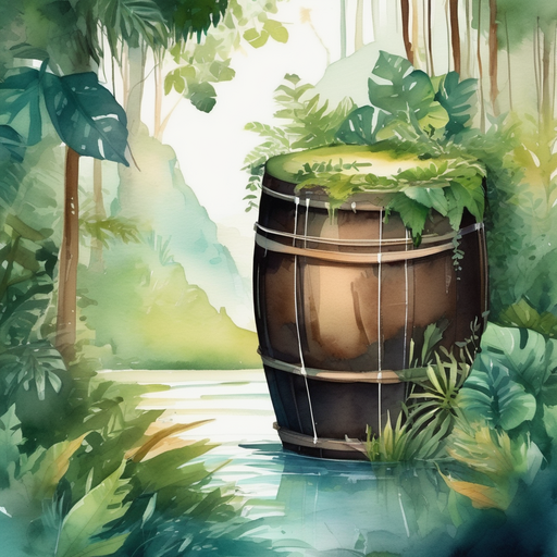 Giant drum in a towering jungle landscape. Vines and lush trees and plants