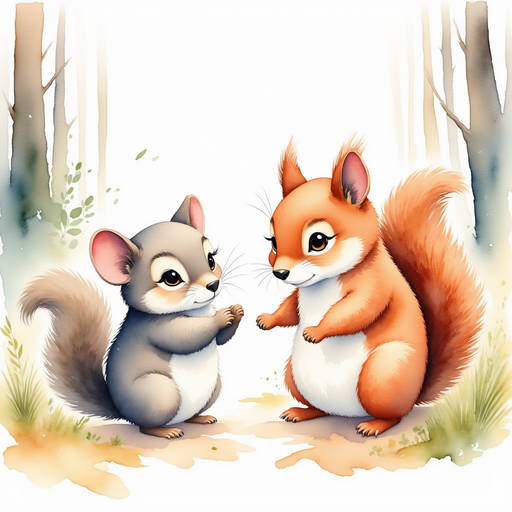 Depict Sassy clapping her fluffy paws, acknowledging Milo's victory. Forest path lined with bushes