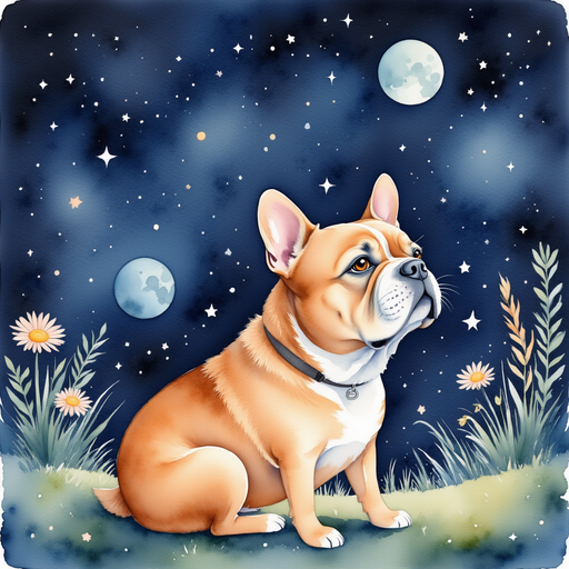 A caramel french bulldog gazing at the night sky from his backyard.