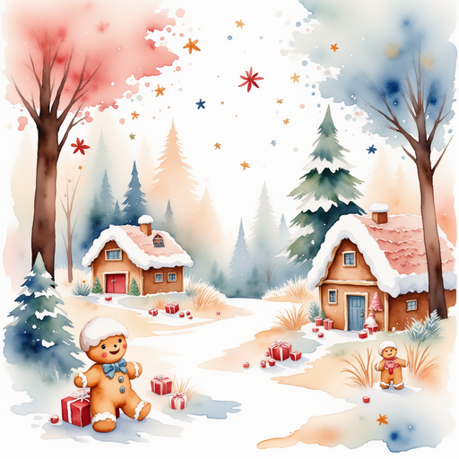 A gentle breeze rustling through sugar trees, capturing the aroma of the gingerbread from the bakery in the air. A view of Gingerbread land with cotton candy clouds drifting.