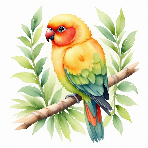 Illustrate Sally the parrot perched on a leafy branch, her bright colors almost blending with the foliage. In the background, a canopy of intertwined jungle leaves.