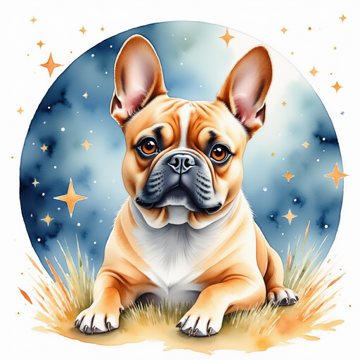 A caramel french bulldog is looking at a burning star.