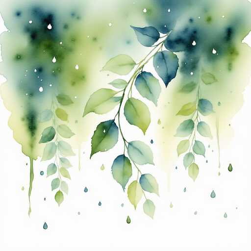 A large leafy branch drips shiny droplets of rain. In the background, misty rain clouds float above.