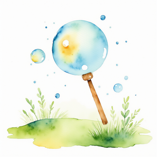 Draw the glimmering bubble wand with small soapy bubbles around it. In the background, a grassy hill slopes downward.