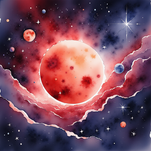 A giant red star glimmers with crimson light. In the background, gentle waves of cosmic dust.