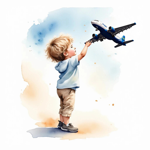 Little boy pointing at an airplane above