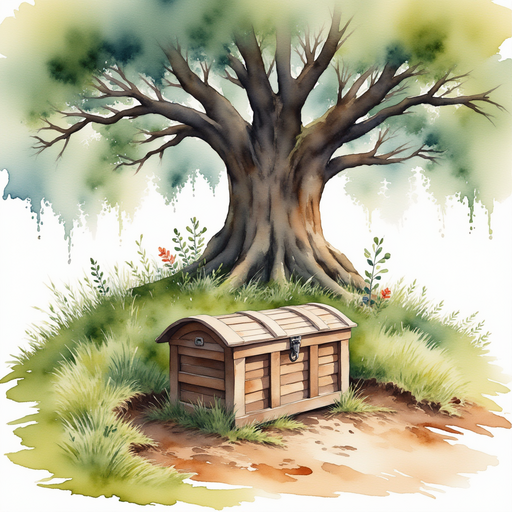 An old wooden chest partially buried beneath the roots of a grand oak tree. In the background, the massive trunk and expansive branches of the oak tree.