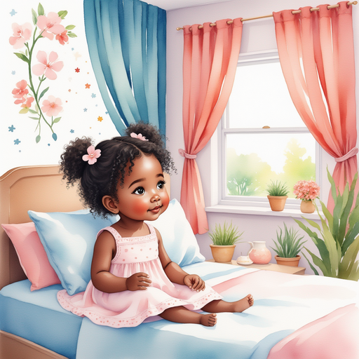 Ava waking up in her colorful room.