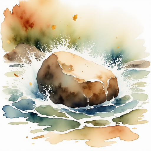 Water churns around a large rock, scattering leaves in all directions. In the background, the ground looks muddy and overrun by rushing water.