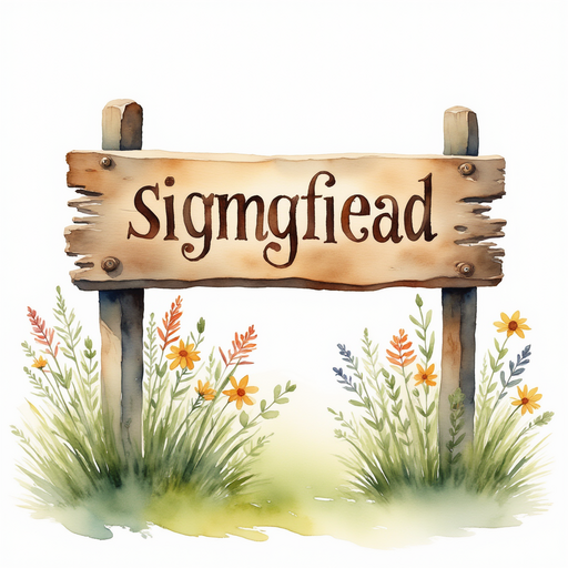 An old wooden sign with swirling letters etched into its surface. In the background, wildflowers sway gently.