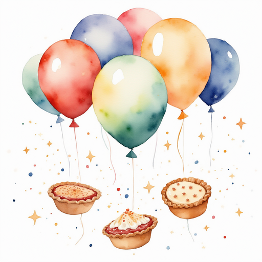Floating pies ballooned into bright shapes. In the background are sparkly confetti.