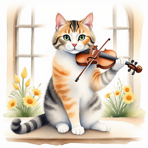 Kitty playing the fiddle on a window seat. Make sure she only has four legs.