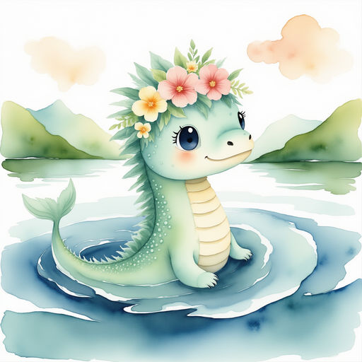 Nessie Sparkles peeking out of the water, gazing up at the swirling clouds in the sky. In the background, rolling green hills rise around the loch.