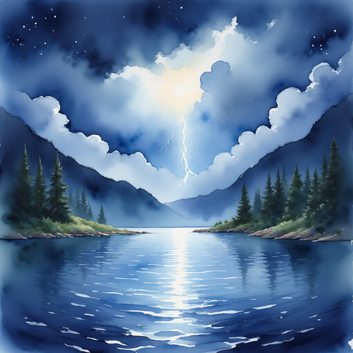 A jagged flash of lightning lighting up the sky. In the background, the loch ripples under the rolling thunder clouds.