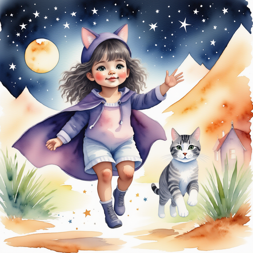 Luna Lighthug floats near a thatched cottage, her cape billowing in the night breeze. In the background, distant mountains loom under starlight.