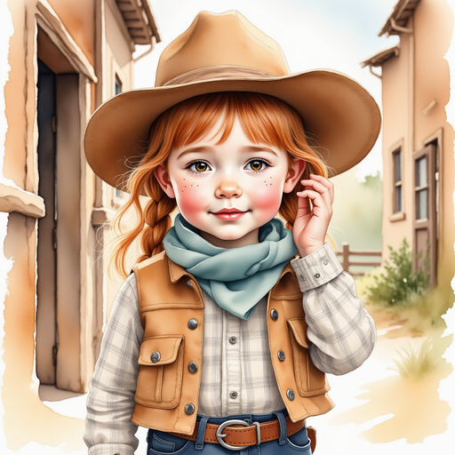 Calamity Kate fiddling with her wide-brimmed hat while speaking to her parents. In the background, the open doorway of the ranch house stands behind them.