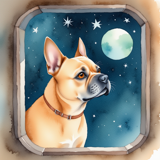 Milo - a golden-haired French bulldog - looking out the spaceship window at Earth.