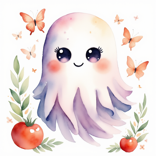 Glimmer Puff hovers near a big red tomato plant, smiling happily. In the background, small butterflies flutter around