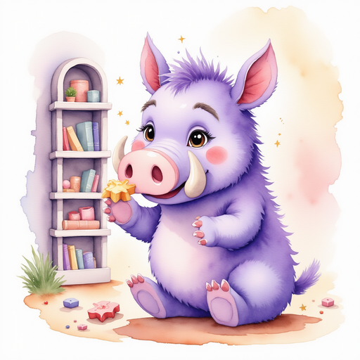 Show Brutus tapping the puzzle piece gently. A tall bookshelf with sparkling knickknacks stands nearby.