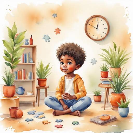 Michael sitting in his room, surrounded by puzzles.