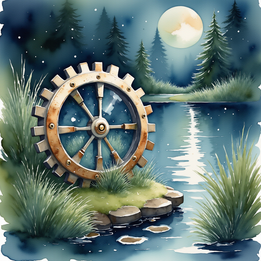 Show a shiny metal gear with strange markings resting in dewy grass. In the background, the pond’s surface glistens under moonlight.