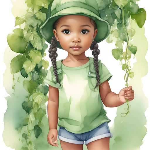 Aset portrait close-up long curly ponytails with barrettes bucket hat green tshirt and shorts holding a vine over a perilous chasm.
