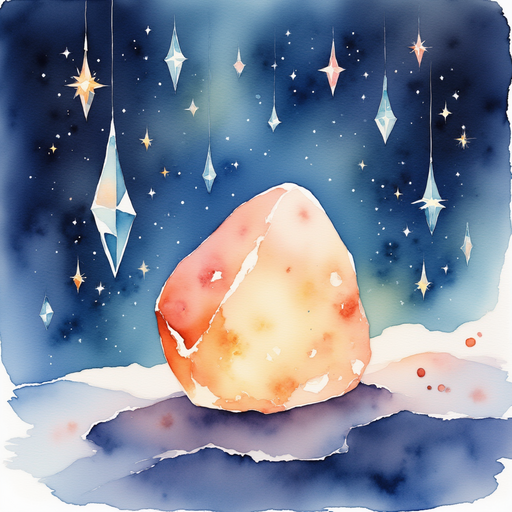 A small glowing stone rests on a smooth ledge. In the background, flickering crystals cast dancing lights.