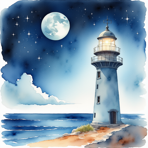 The Dream Lighthouse, with a bright beacon perched at the top, stands steadfast against the starlit horizon. In the background the moon reflects on the ocean.