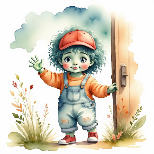 Zigzag Zander waves at a tall door. In the background, fluffy clouds float.