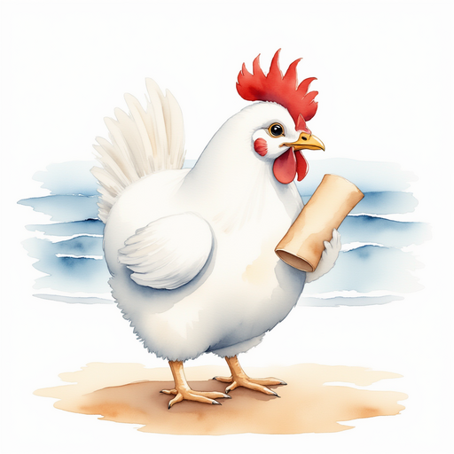 Cluckster holds a rolled parchment in its beak. In the background, gentle waves lap against the beach.