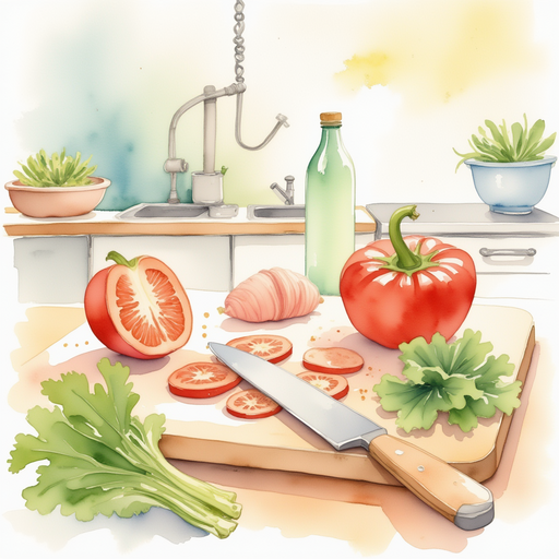 Vivian in the kitchen, chopping vegetables and arranging them into fun, musical shapes.