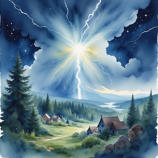 A large storm cloud crackling with magic above the village, with droplets flying in every direction. In the background, lightning flashes over distant treetops