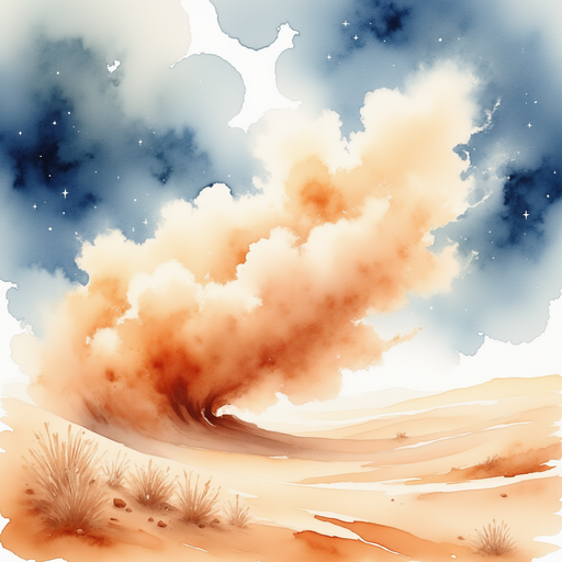 A swirling dust cloud dances across the dry earth. In the background, the sky looks like it might fill with stormy clouds.
