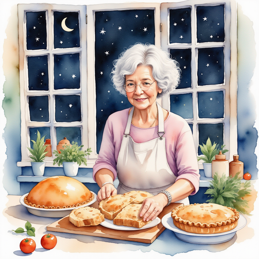 An older woman is busy baking delicious smelling pies. In the background is a starry night sky seen through a kitchen window.