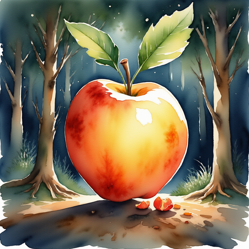 A dramatic spotlight on the glowing golden apple In the background, tall trees stand with tangled roots