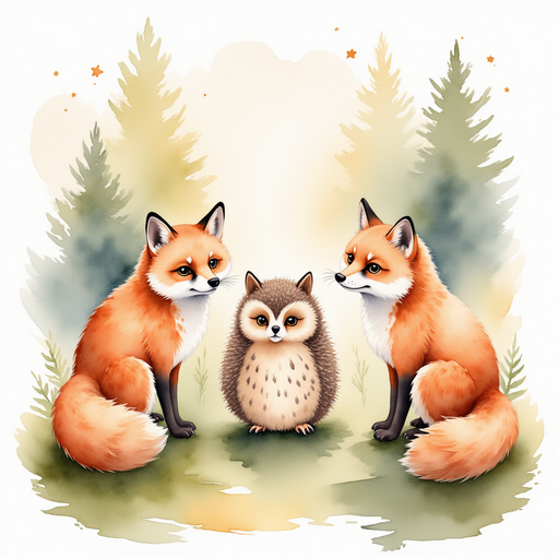 Illustrate a wise old owl appearing mysteriously at the edge of a forest gathering. In the background, curious forest animals observing