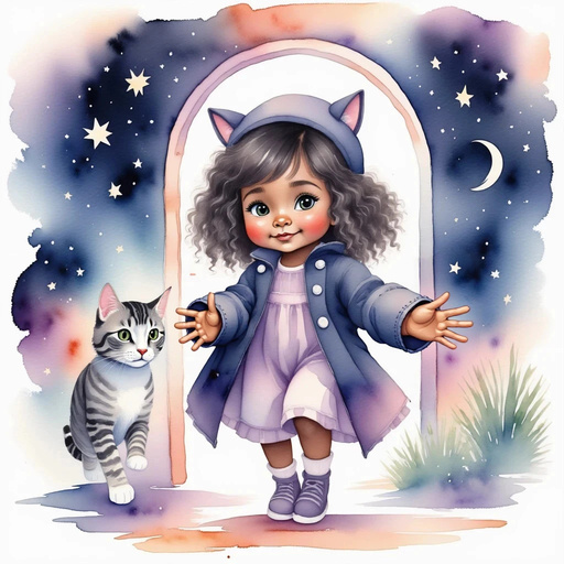 Luna - who is black - is pushing open a stunning door of shimmering starlight In the background: Swirling star orbs drifting in the air