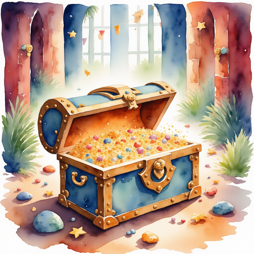 Focus on the sparkling chest, open and ready for toys. In the background, colorful tapestries adorn the castle walls.