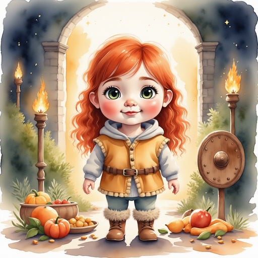 Bolda the Bright standing at the table, pointing at the crumbs on the floor In the background, the warm glow of torches flickers against the tall stone walls.