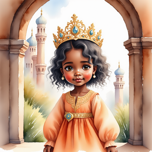 Show Queen Neena standing by a window, wearing a sparkling crown. In the background, the tall castle towers stand proud.