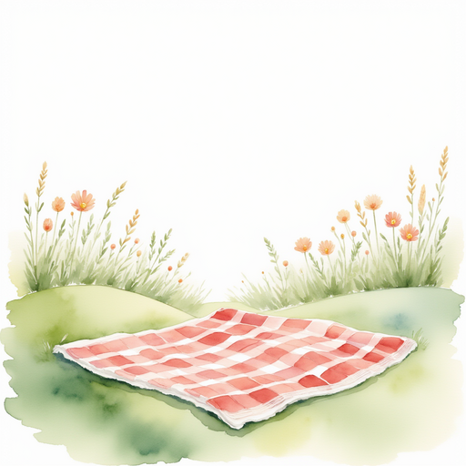 A soft, checkered blanket stretches on the gentle grass. In the background, tiny flowers peek up from the ground.