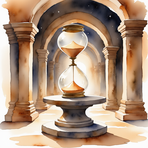 A tall, golden hourglass resting on a carved stone pedestal In the background, faint candlelight flickers on ancient walls