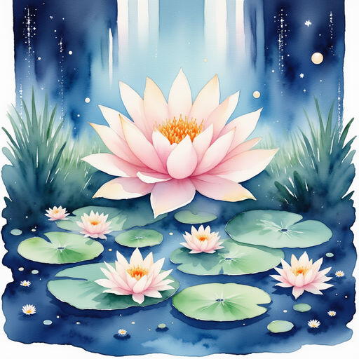 The giant lily pad stage with glittering lights. In the background, faint outlines of cheering silhouettes.