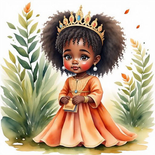 Queen Neena kneels beside a hedge, listening quietly. In the background, dark green leaves rustle in the gentle breeze.