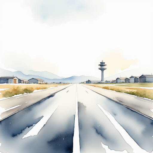 The long, gray runway with white lines crossing it. In the background are distant hangars and control towers.