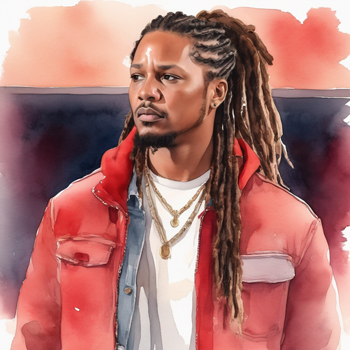 Duck portrait wearing dreadlocks in a ponytail is wearing red and white jacket angry standing in side movie theater auditorium with projector screen