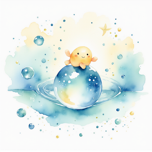 A small transparent bubble creature bursting into sparkles. In the background, bright sunlight dancing on the water.
