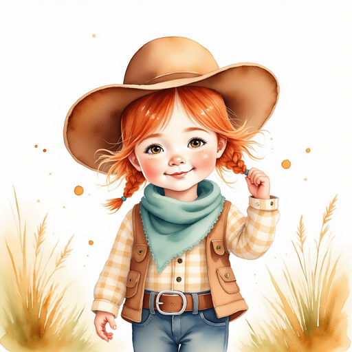 Calamity Kate standing near a grassy knoll, hand on her bandana as the wind blows fiercely. In the background swirling dust